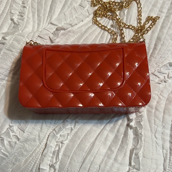 Vegan Women’s Purse Crossbody Orange With Gold Chain Quilted 7X4 Inches - Picture 2 of 6